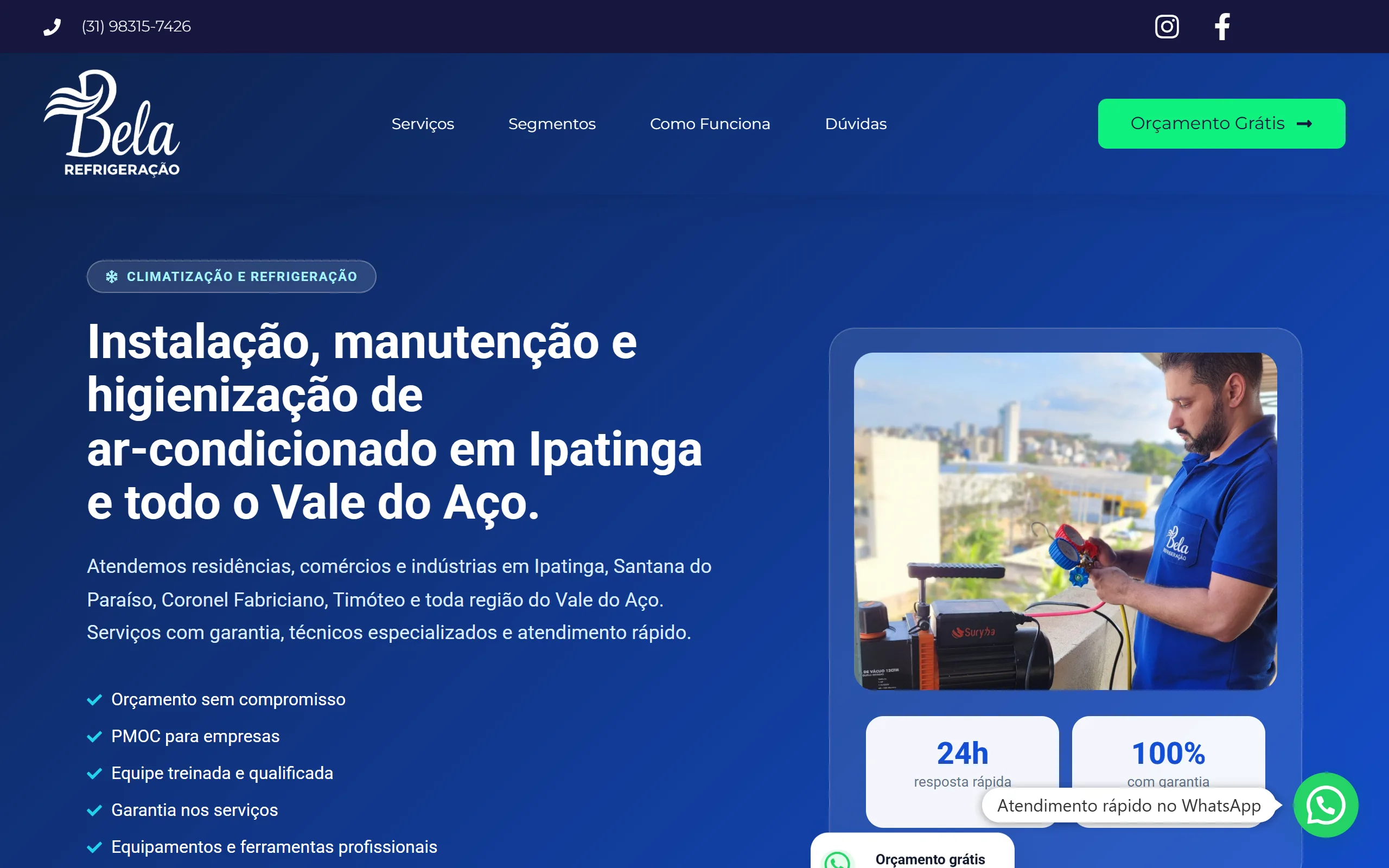 Página inicial do site da Bela Refrigeração
