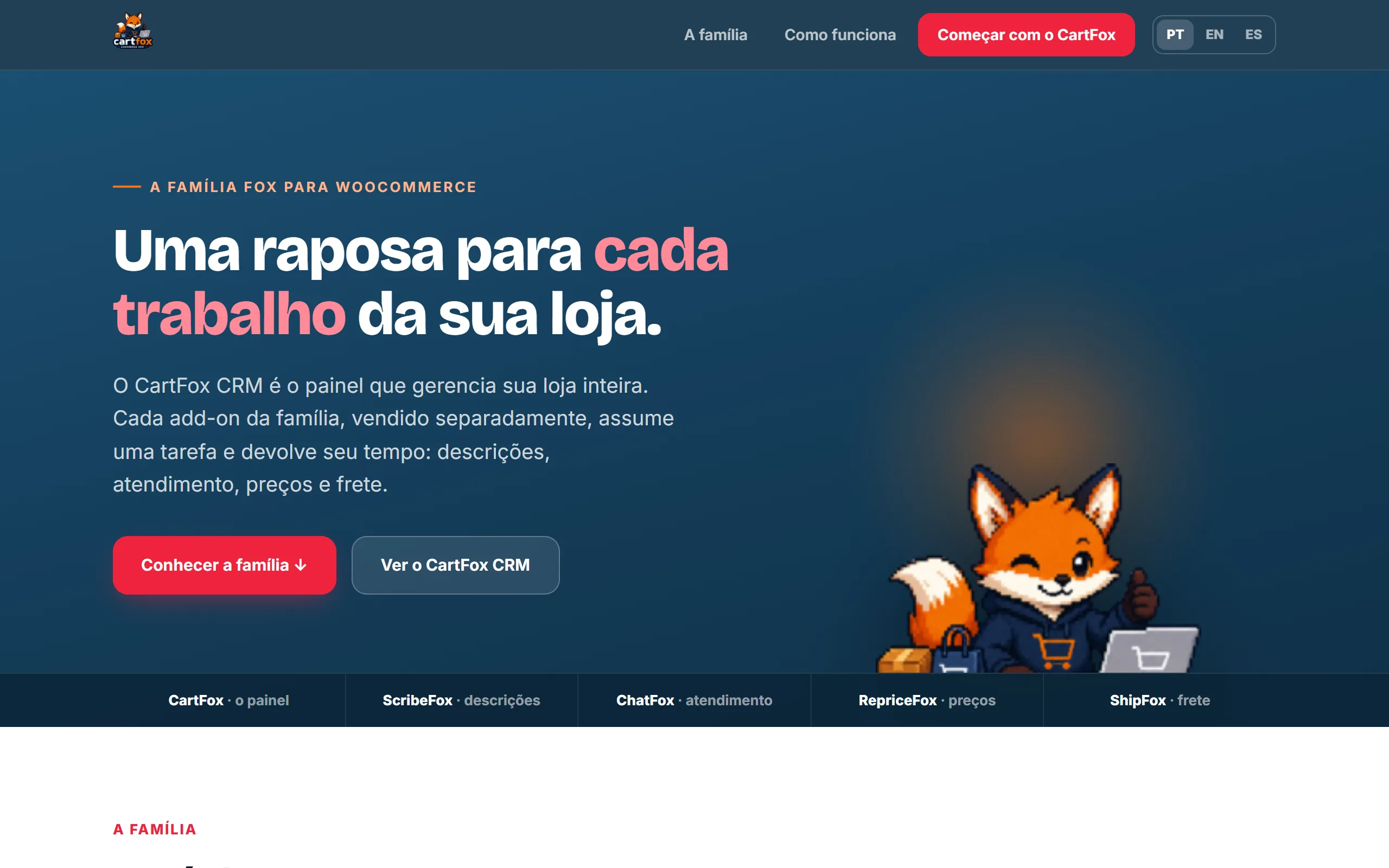 Página da família Fox com o CartFox CRM