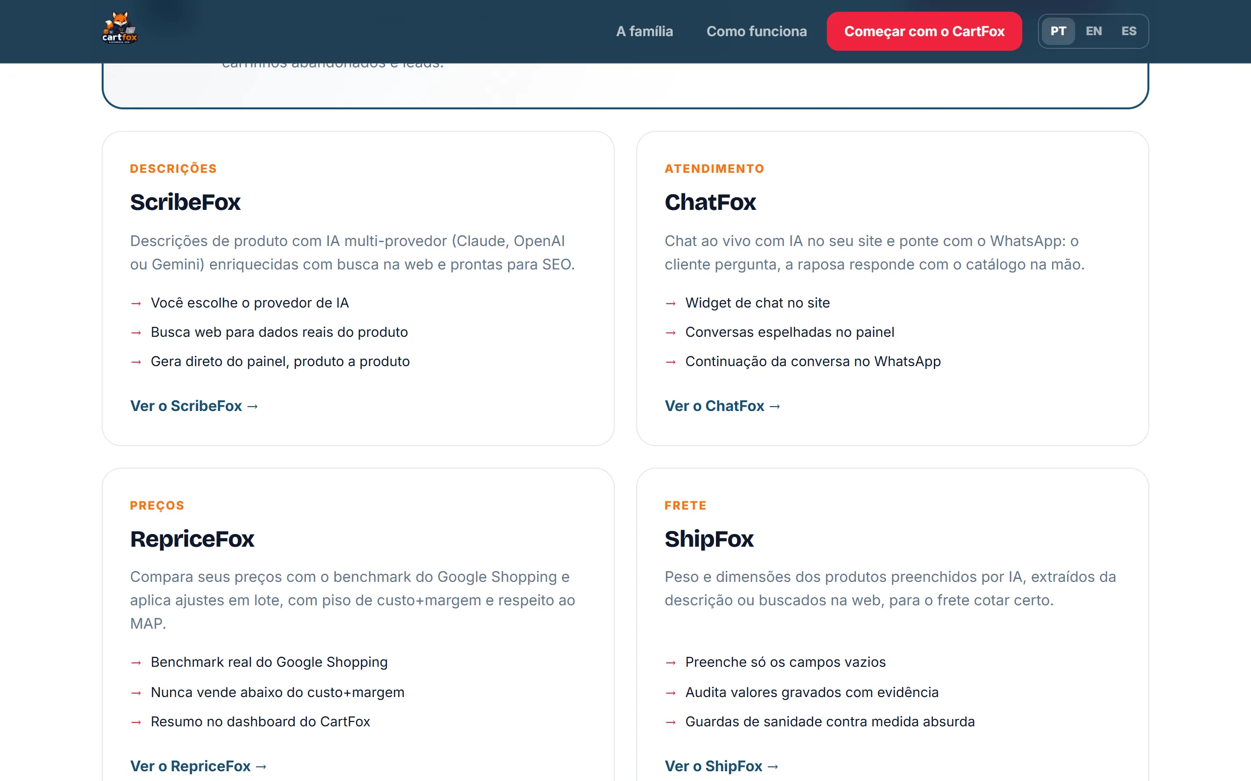 Add-ons ScribeFox, ChatFox, RepriceFox e ShipFox na página da família Fox